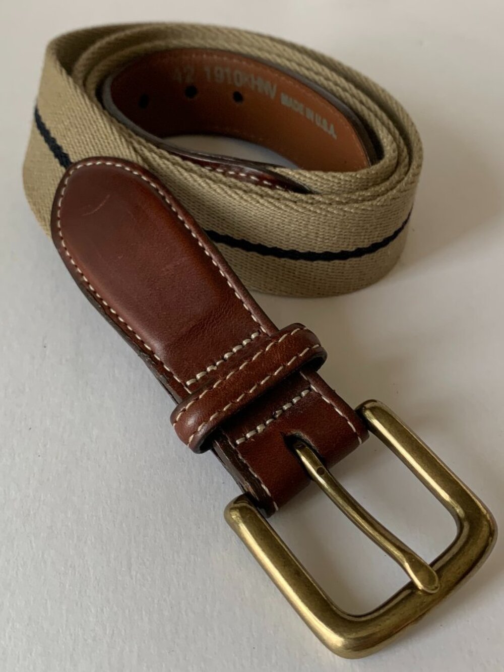 Cutter & Buck Canvas Belt Beige lack Stripe 1910KHNV – Solid Brass Buckle SZ 42